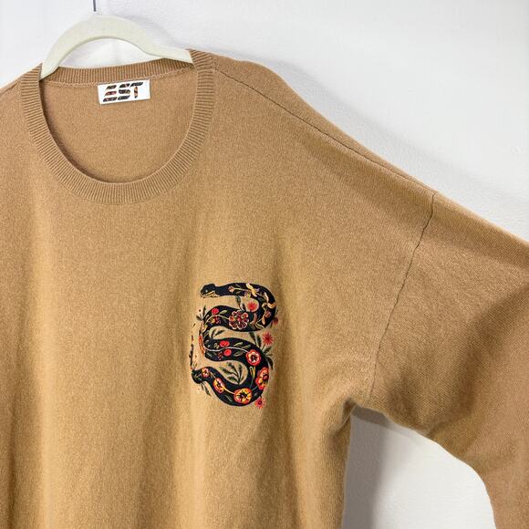 EST Media Size M Cashmere Sweater RARE Lunar New Year Wood Snake Embroidered Tan - Picture 9 of 12